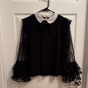CeCe Elegant Black Lace Blouse with White Collar and Ruffle Sleeves Size M